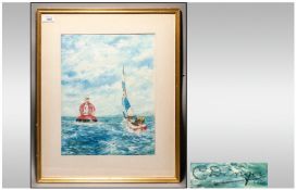 C.Danger A Yacht Tacking & Sailing Past A Marker Buoy, watercolour, signed. 15.5x12``, mounted &