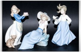 Nao by Lladro Figures ( 3 ) In Total. Figure of Young Girls with Birds and Animals, Various Sizes