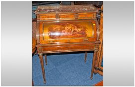 Antique Cylinder Ladies Mahogany Writing Bureau finely painted to the front with an amorous couple,