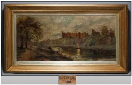 Oil on Canvas by E Clegg of Warwick Castle. Signed and dated lower left 1911. 13 by 27 inches.