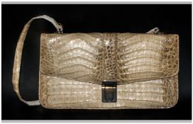 Cream Alligator Handbag, two-tone metal fittings on a two section, cream coloured bag with shaded