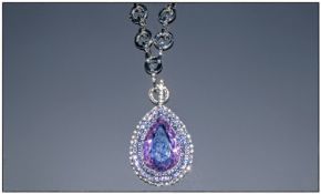 Pink and Purple Crystal Pear Drop Pendant Necklace, a large, faceted, pear drop pink crystal framed