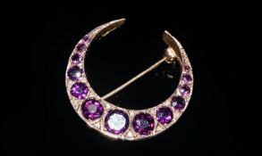 Edwardian Amethyst And Diamond Crescent Brooch, Set With A And Of Graduating Amethysts Between
