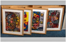 SET OF FOUR- 21st Century Artist Robert Haworth Acrylic Titled `Bulls Eye`. Mounted and framed