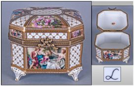 Porcelain Decorated Lidded Box, with panels of flowers and courting couples interlaced with