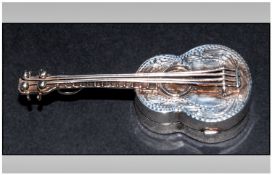 Silver `Spanish Guitar` Shaped Pill Box unusual design, engraved on the front, hinged compartment,