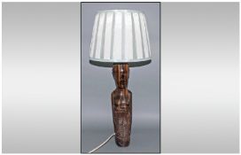 A Contemporary Ebony Lamp in the form of an African lady. Cream & Mint Coloured shade. 25`` in