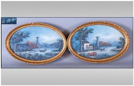 A Pair of Chinese Export Paintings, late Nineteenth century. Of oval shape and painted on board,