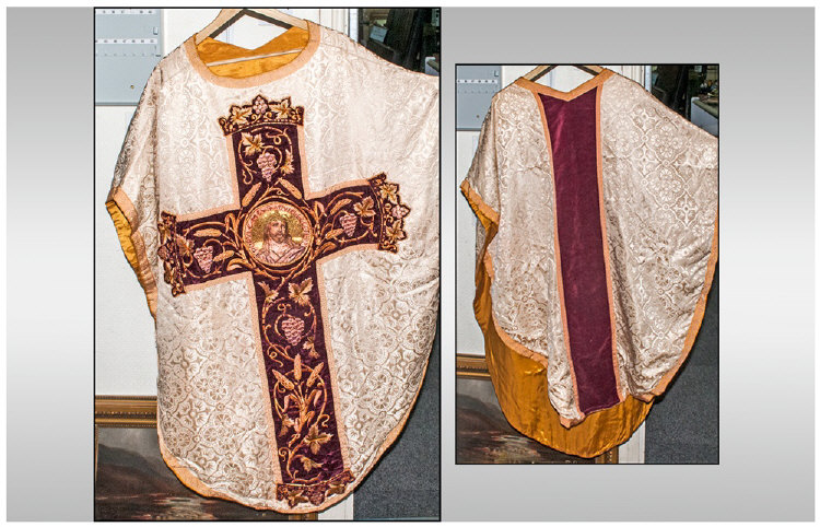 Fine Quality Priests Silk Habit/Coat, finely embroidered with religious emblems in gold threads and