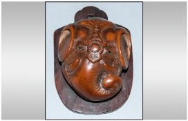 Japanese Carved Nut Card Holder, The Front Realistically Modelled In The Form Of An Elephant In