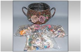 Collection Of Costume Jewellery including bracelets, bangles, beads etc. In wicker basket.