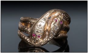 9ct Gold Victorian Style Snake Ring, Modelled In The Form Of 2 Entwined Serpants, Set With Ruby And