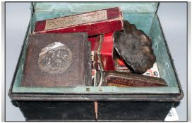 Black Metal Safety Deposit Box containing an assortment of collectables. To include vintage tins,