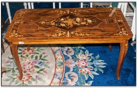Italian Walnut Coffee Table, profusely inlaid top depicting flowers in bloom on shaped cabriole