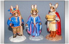 Royal Doulton Bunnykins Figures, 3 in total. 1. Winter Lapland DB 297, 2. Queen Guinevere DB 302,
