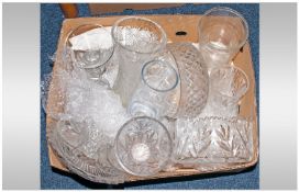 11 Pieces Of Moulded Glass And Cut Glass Vases, Sewing Dish, Bowls etc.