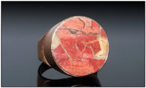 Large 9ct Gold Signet Ring Set With A Polished Hardstone Ring Size T Stamped 9ct, 12.2g