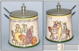 Royal Doulton Series Ware Silver Plated Covered Jar `The Canterbury Pilgrims` D3188, 4`` in height.