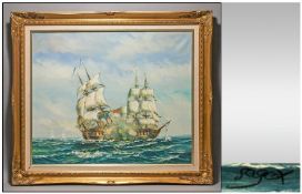 Framed Oil on Canvas `Galleons at Sea`. Signed lower right. Gilt Frame. 23 by 19 inches.