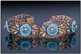 Antique Well Made And Attractive Turquoise Set Open Worked Metal Bracelet. Good Quality. 8 inches