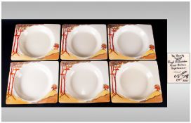 Clarice Cliff Art Deco Hand Painted Set Of Six Bizarritz Shaped Dessert Bowls `Coral Firs` Pattern.