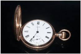 Gents 10ct Gold Full Hunter Pocket Watch, White Enamel Dial  With Roman Numerals And Subsidiary