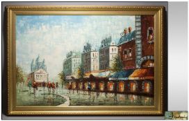 Framed Oil on  Canvas `Paris Street Scene`. Gilt frame. Signed indistinctly lower right. 36 by 23