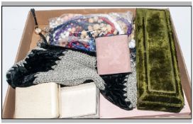 Box of Assorted Costume Jewellery including beads, evening bag, watches, etc