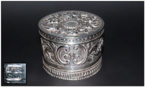 Victorian Fine Silver Embossed Lidded Trinket Box Hallmark London 1883. Makers Mark J.R-S.J.  2.5``