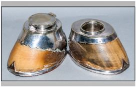 Two Horses Hoof Desk Inkwells, Both With silver Plated Mounts, Late 19th Early 20thC