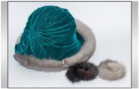 Ladies Vintage Hat, green velvet with mink trim. Label to interior reads `Reslaw, London`. In