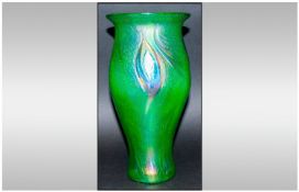 Green Iridescent Art Glass Vase Art Nouveau Peacock Design Vase, Marked To Base L C T And Numbered