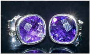 Amethyst Bezel Set Stud Earrings, a pair of cushion cut deep purple amethysts, totalling 4cts, with