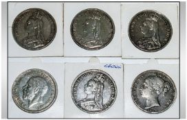 A Good Collection of Victorian Silver Crowns ( 6 ) In Total. Dates 1887.1888.1889.1891 and 1935.