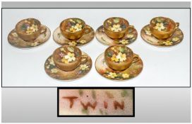 Royal Worcester - Signed Hand Painted Miniature Set of Six Cups and Saucers, Floral Decoration