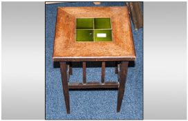 Small Oak Edwardian Side Table with a green tiled top on square tapering legs