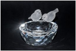 Swarovski Crystal Bird Bath with Two Birds Perched on The Edge of The Bath. Width 3 Inches, MInt