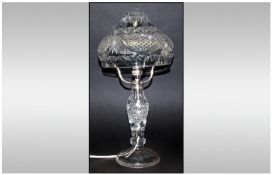 Art Deco Style Cut Crystal & Chrome Table Lamp small chip to inside rim area. Stands 17.75`` in