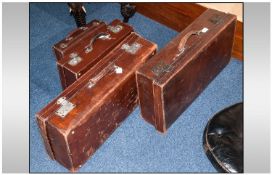 Collection Of Early 20thC Brown Leather Suitcases, Largest 26x13x6½ Inches Together With A Small