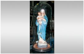 Painted Chalk Figure Of Madonna & Jesus under a glass dome, 21`` in height.