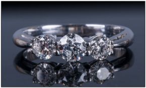 9ct White Gold Diamond Ring, Set With Three Round Modern Brilliant Cut Diamonds, Stamped 18ct, Ring