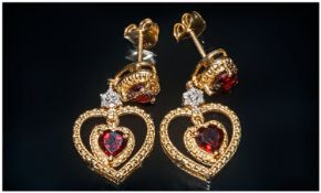 Red Garnet and Diamond Heart Shaped Drop Earrings, heart cut, deep red garnets set in heart shaped