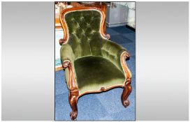 Victorian Mahogany Gents Spoon Back Armchair, button back & green upholstered fabric seats. Scroll
