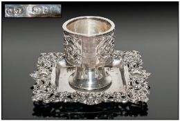 Victorian Ornate & Pierced Small Candlestick Holder embossed with images of putti with swords