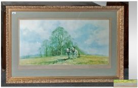 A Large Signed Print by David Shepherd. `Two Cart Horses Ploughing in an Open Landscape`. Pencil