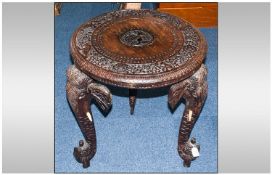 Late 19th C Anglo Indian Hardwood Table, Carved Circular Top With Central Elephant Motif In Low