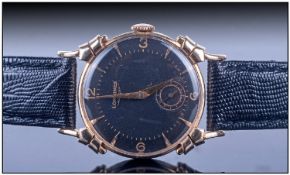 Gents 14ct Gold Longines Wristwatch, black matte dial with gilt batons, subsidiary seconds, manual
