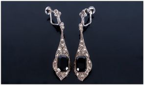 Pair of Art Deco Style Drop Earrings, octagon cut black stones set in silver, marked 935, with