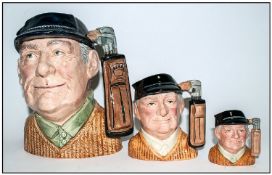 Royal Doulton Character Jugs ( Set of 3 ) ` Golfer ` Style 1. Heights 7 Inches Large, D.6623. Small