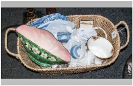 Basket Of Assorted Items Including Royal Albert Country Roses sugar bowl, Jasperware trinket box,